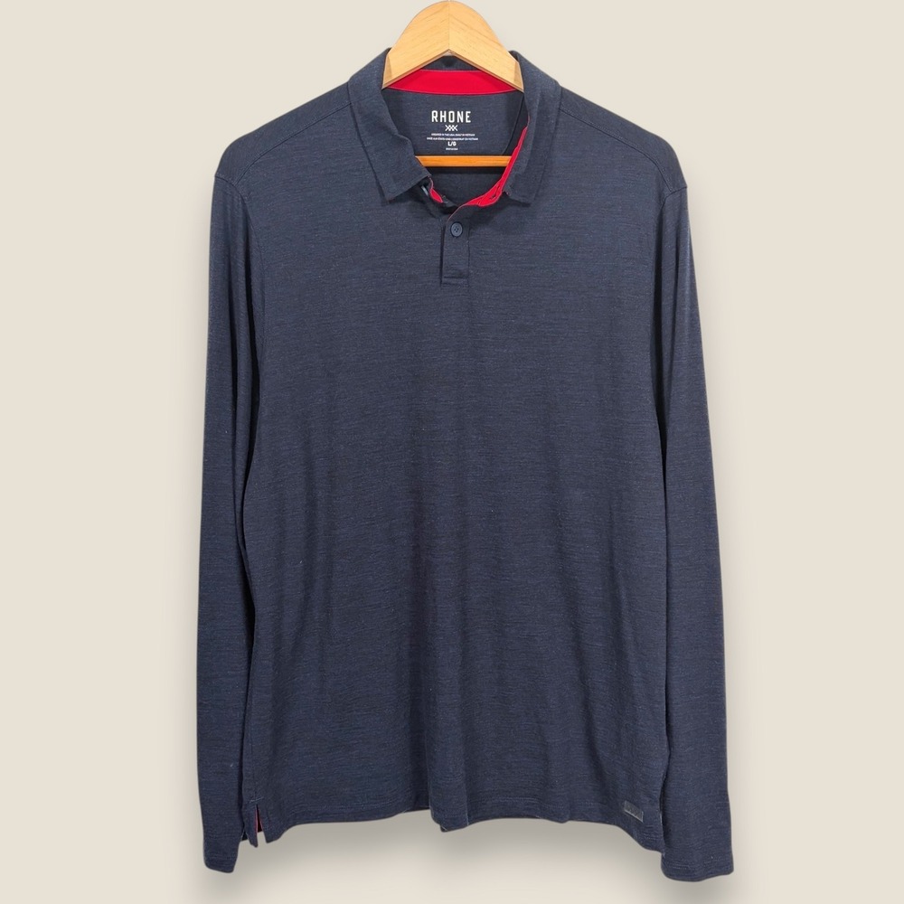 Rhone Performance Merino Wool Blend Polo Shirt Men Large Navy Red Wicking